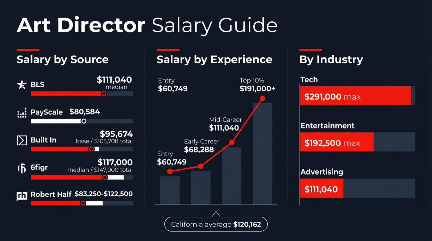 Art director salary guide infographic - pay ranges by experience, industry and location