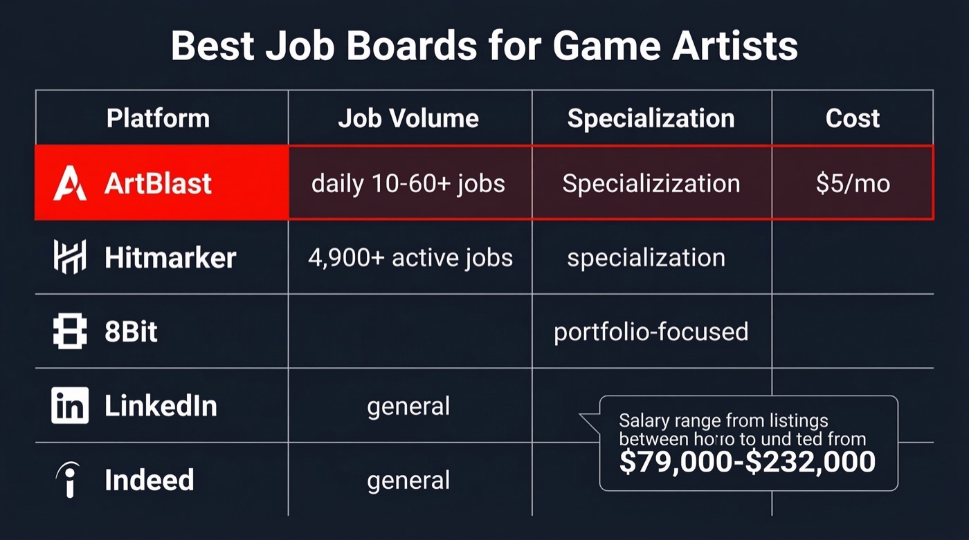 Best job boards for game artists comparison infographic