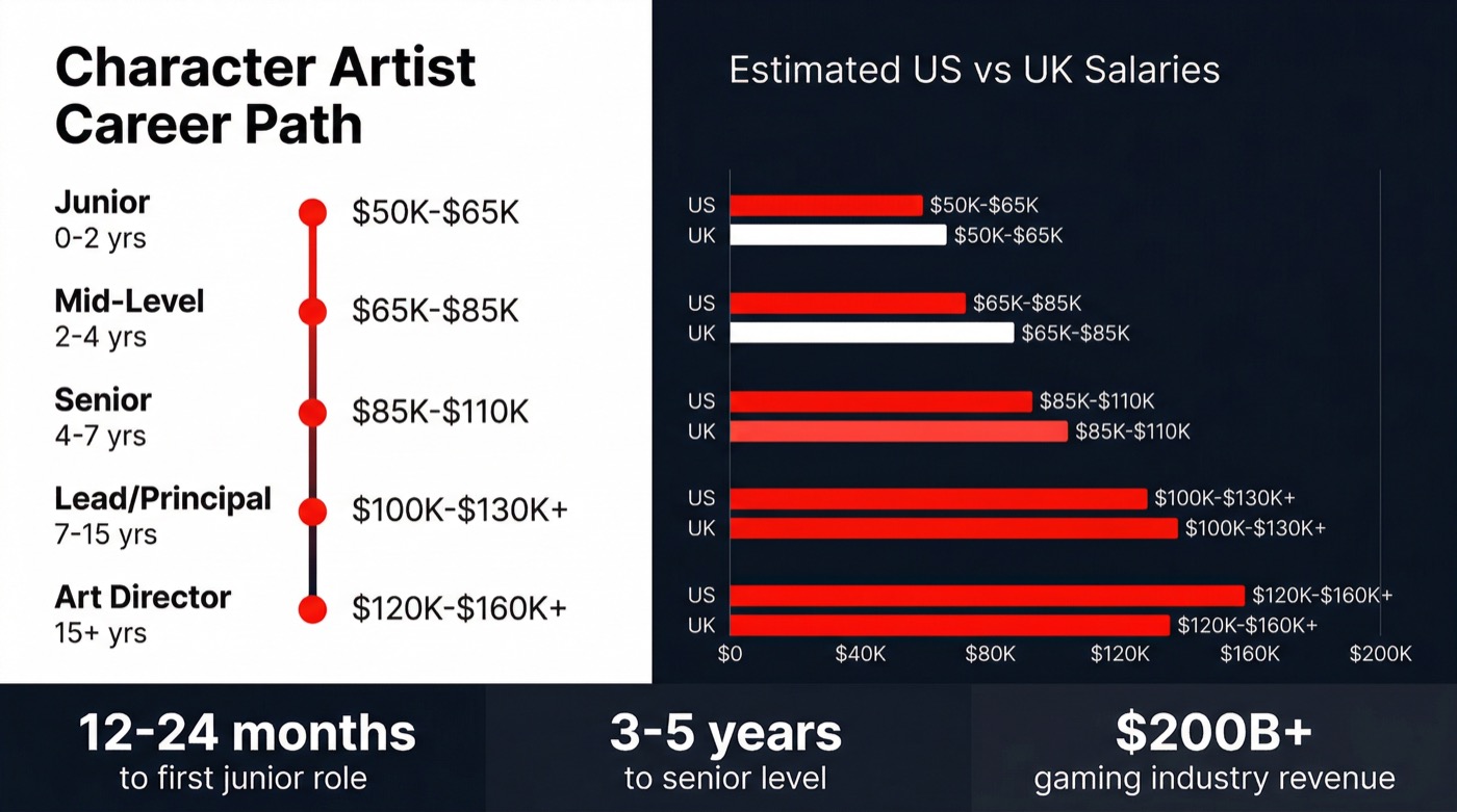 Character artist career path infographic - salary ranges by seniority level from junior to art director