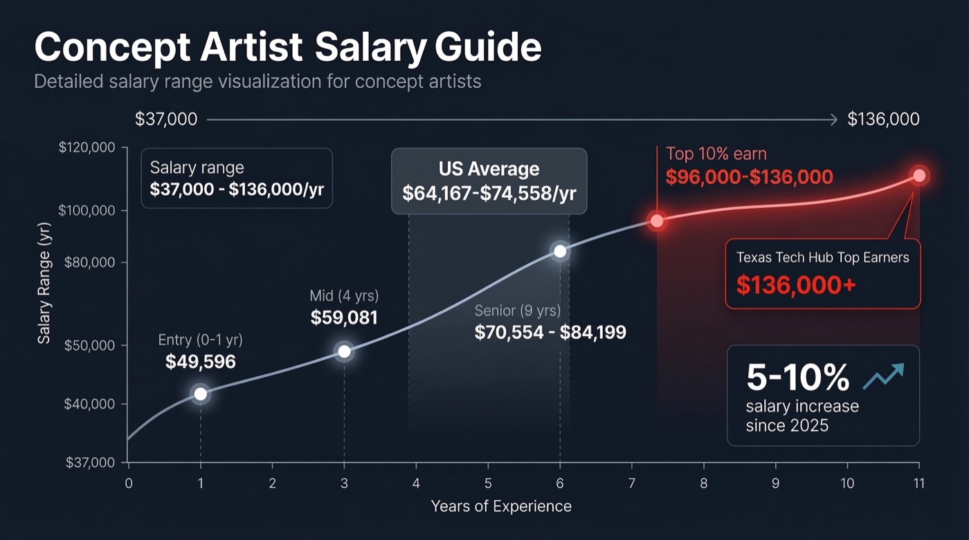 Concept artist salary infographic showing pay range from entry to senior level