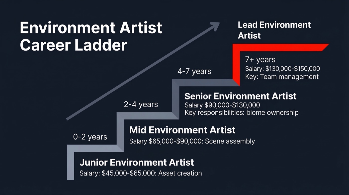 Environment artist career ladder infographic from junior to lead with salaries