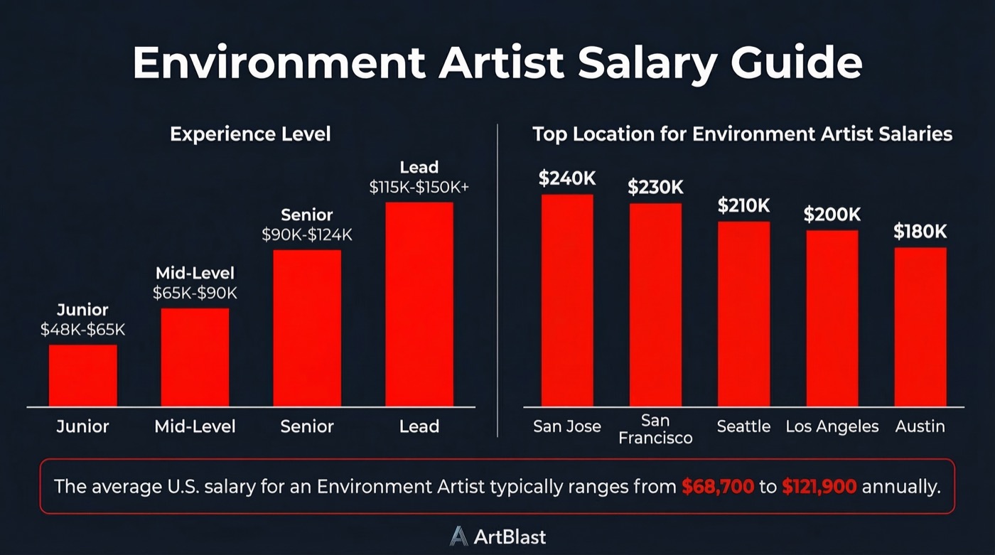 Environment artist salary guide infographic showing pay ranges from junior $48K to lead $150K+ with location comparisons