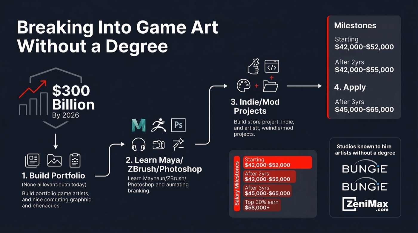 How to break into game art without a degree infographic with career roadmap