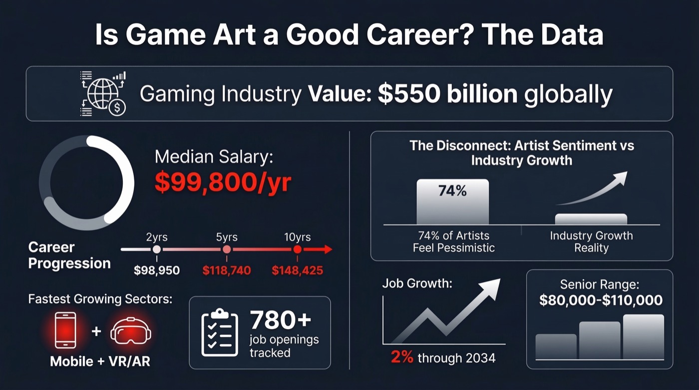 Is game art a good career infographic with industry statistics and salary data