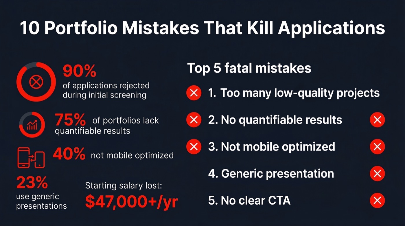 10 portfolio mistakes that kill job applications infographic with statistics