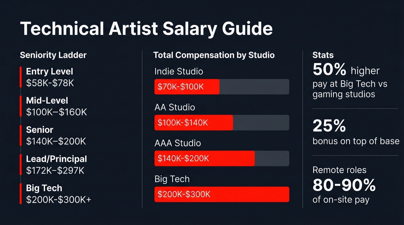 Technical artist salary guide infographic - compensation ranges by seniority and studio type