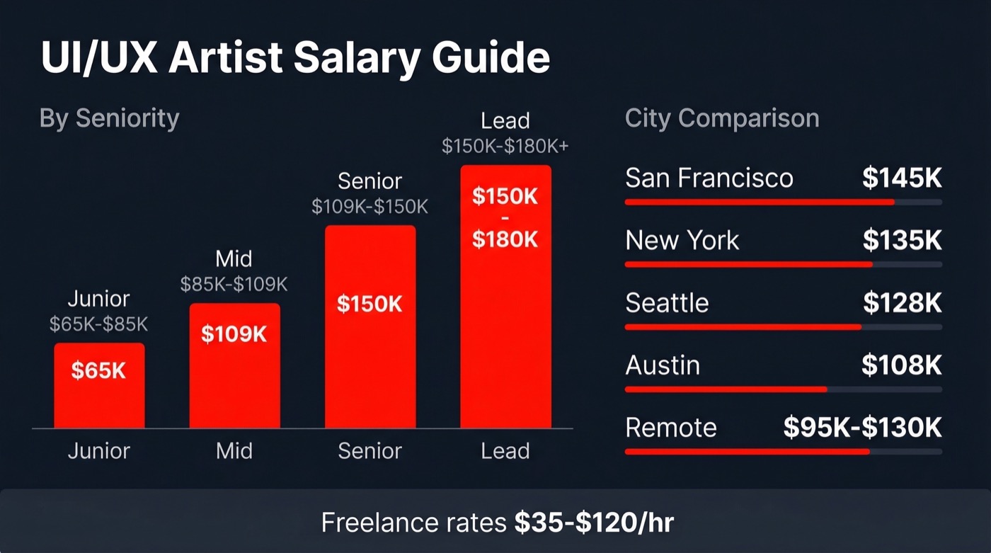 UI/UX artist salary guide infographic - earnings by seniority and city