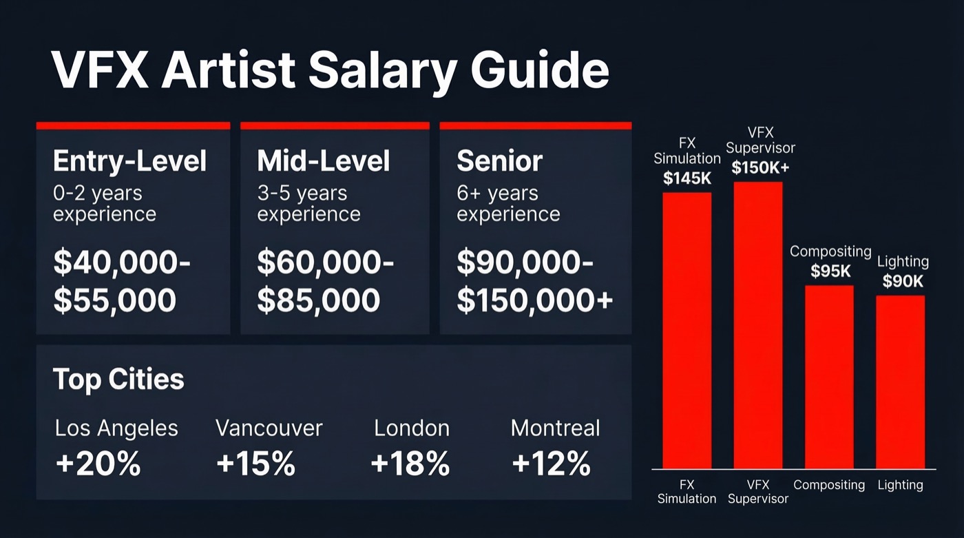 VFX artist salary guide infographic showing salary ranges by experience level and city