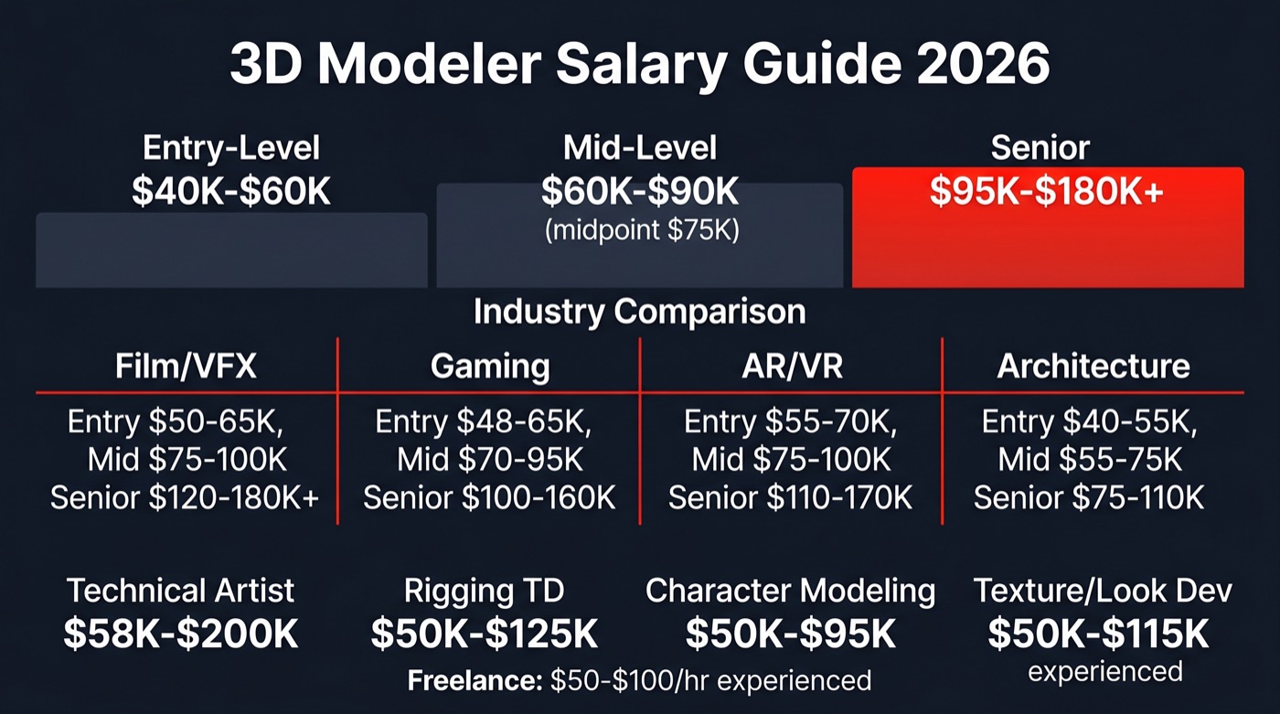 3D modeler salary guide infographic showing salary ranges by experience level industry and specialization in 2026