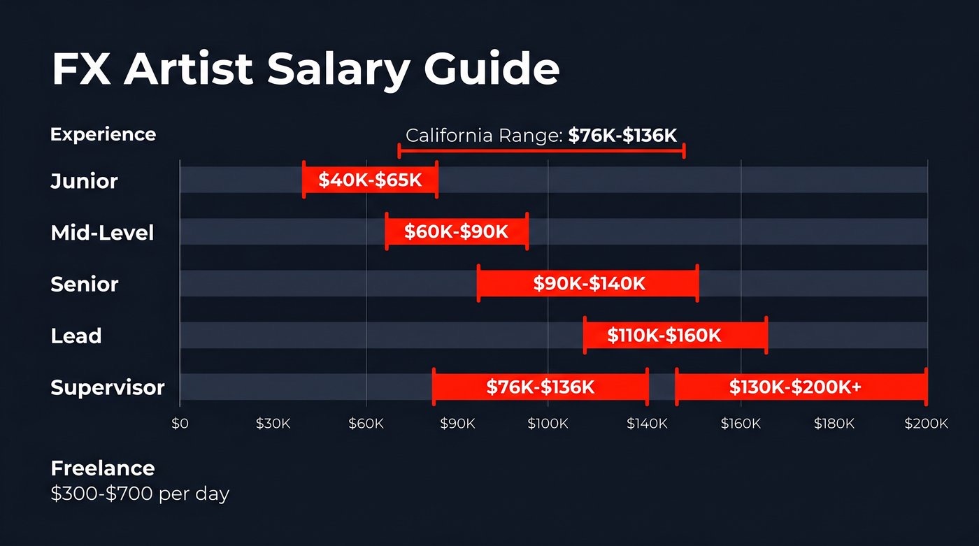 FX artist salary guide infographic showing pay ranges from $40K junior to $200K+ supervisor with freelance day rates