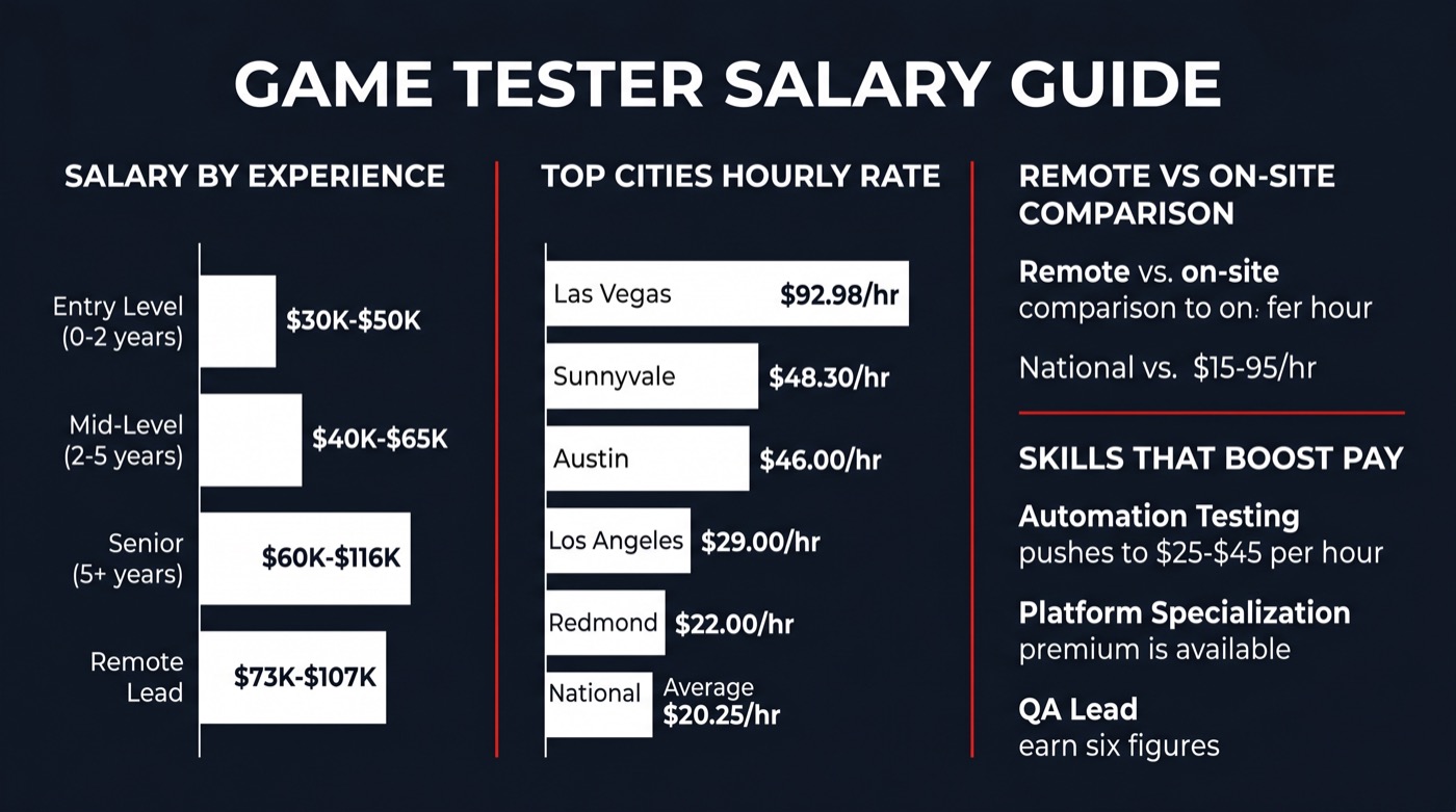 Game Tester Salary Guide infographic showing entry level $30K-$50K to senior QA lead $116K, top paying cities, and remote vs on-site pay comparison