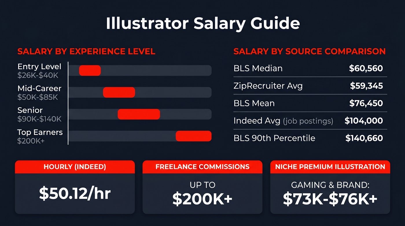Illustrator salary guide — salary ranges by experience level, percentiles, and freelance rates