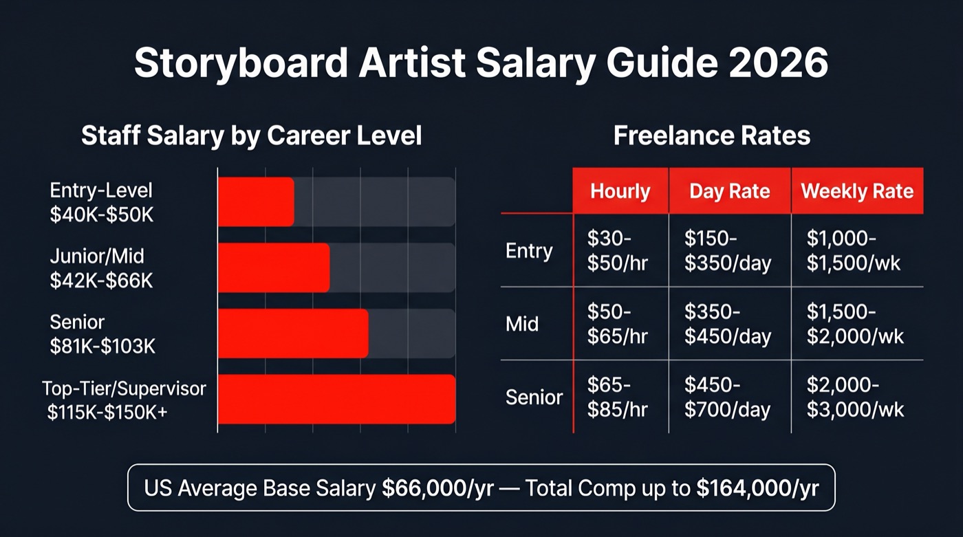 Storyboard artist salary guide infographic showing staff salary ranges by career level and freelance rates by experience
