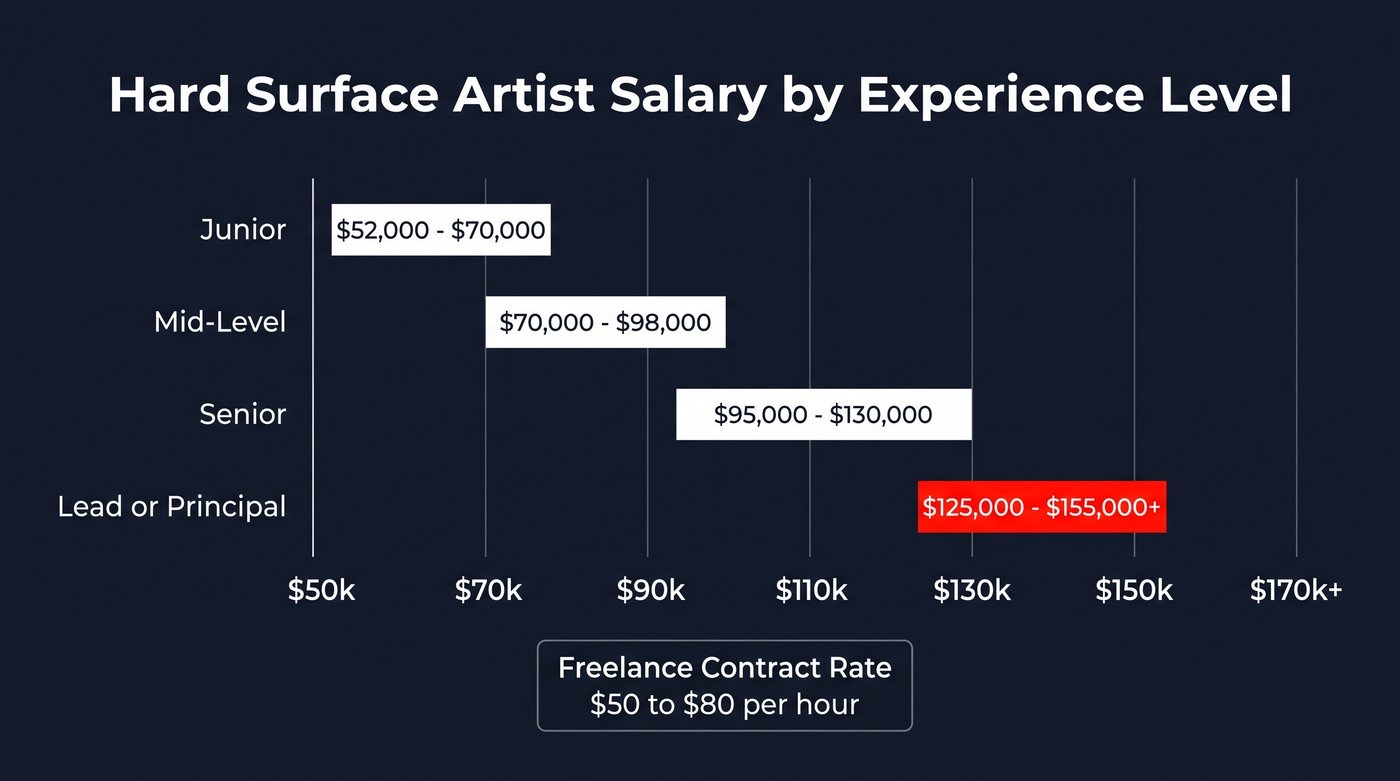 Hard surface artist salary by experience infographic from junior $52,000 to lead $155,000 plus freelance $50 to $80 per hour