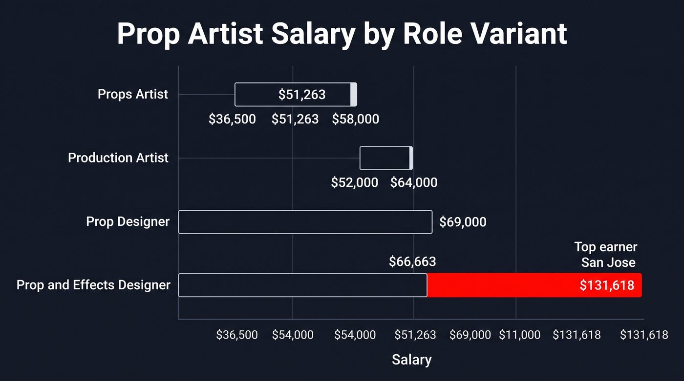 Prop artist salary infographic showing props artist $51,263 average up to $131,618 top earners for prop and effects designers
