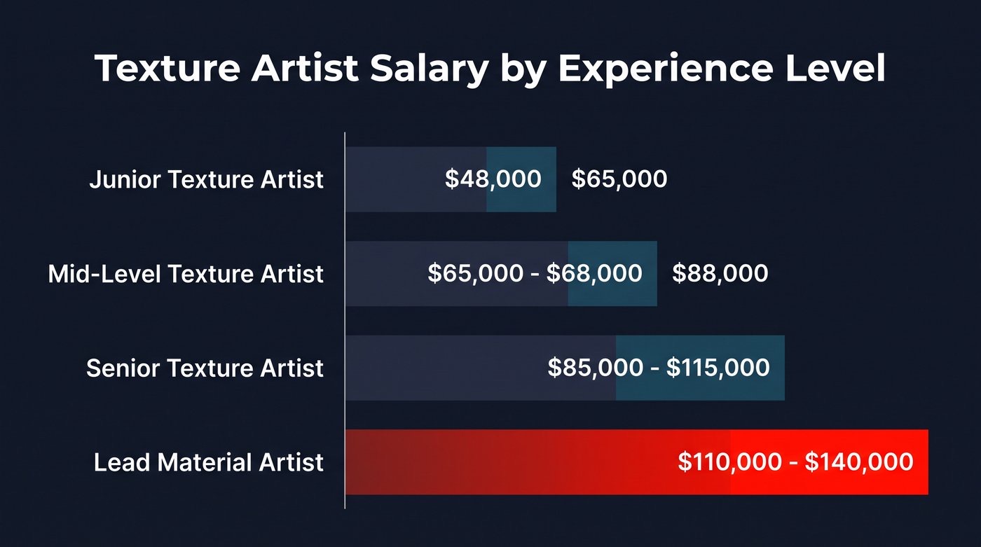 Texture artist salary by experience level infographic showing junior $48,000 to $65,000 up to lead material artist $110,000 to $140,000