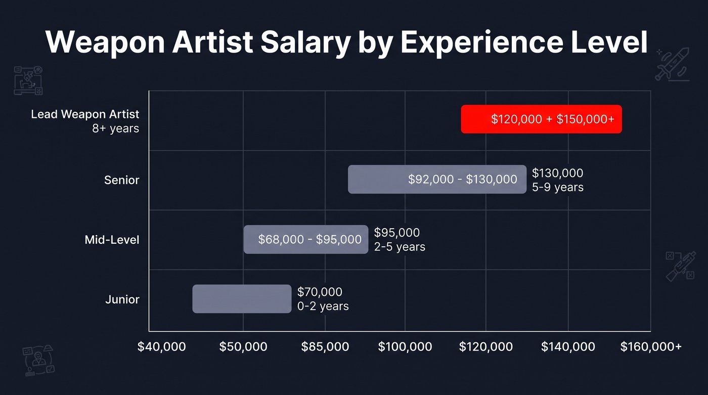 Weapon artist salary by experience infographic from junior $50,000 to lead $150,000 and above